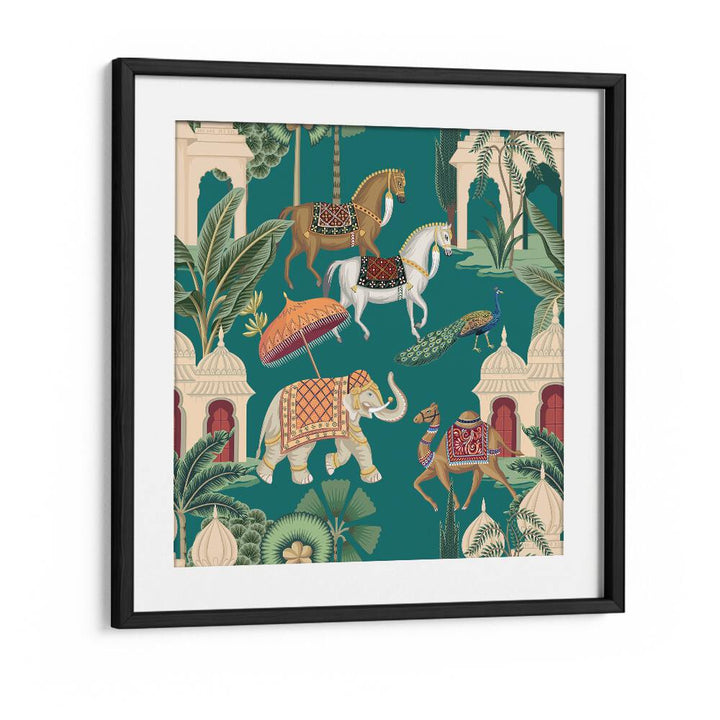 Royal Quartet Horse Peacock Elephant And Camel Ensemble Indian art painting Artwork in Black Frame With Mount