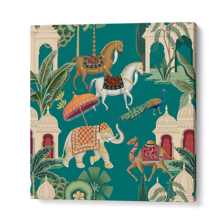 Royal Quartet Horse Peacock Elephant And Camel Ensemble Indian art painting Artwork in Gallery Wrap