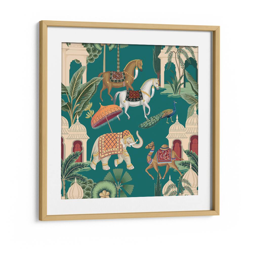 Royal Quartet Horse Peacock Elephant And Camel Ensemble Indian art painting Artwork in Oak Wood Frame With Mount