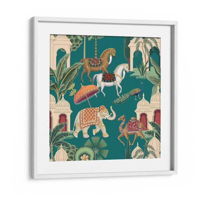 Royal Quartet Horse Peacock Elephant And Camel Ensemble Indian art painting Artwork in White frame With Mount