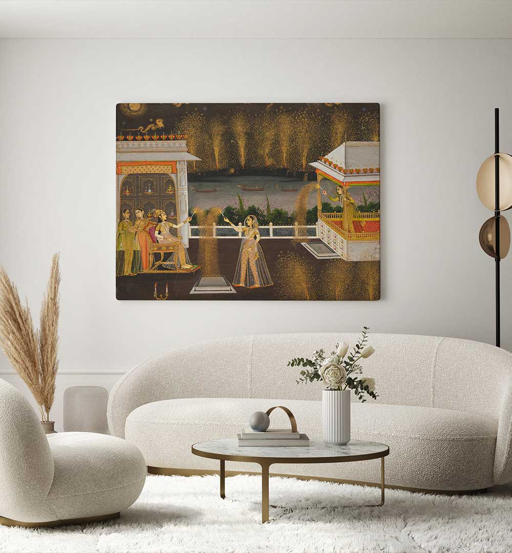 ROYAL WOMEN CELEBRATING DIWALI , INDIAN ART PAINTINGS