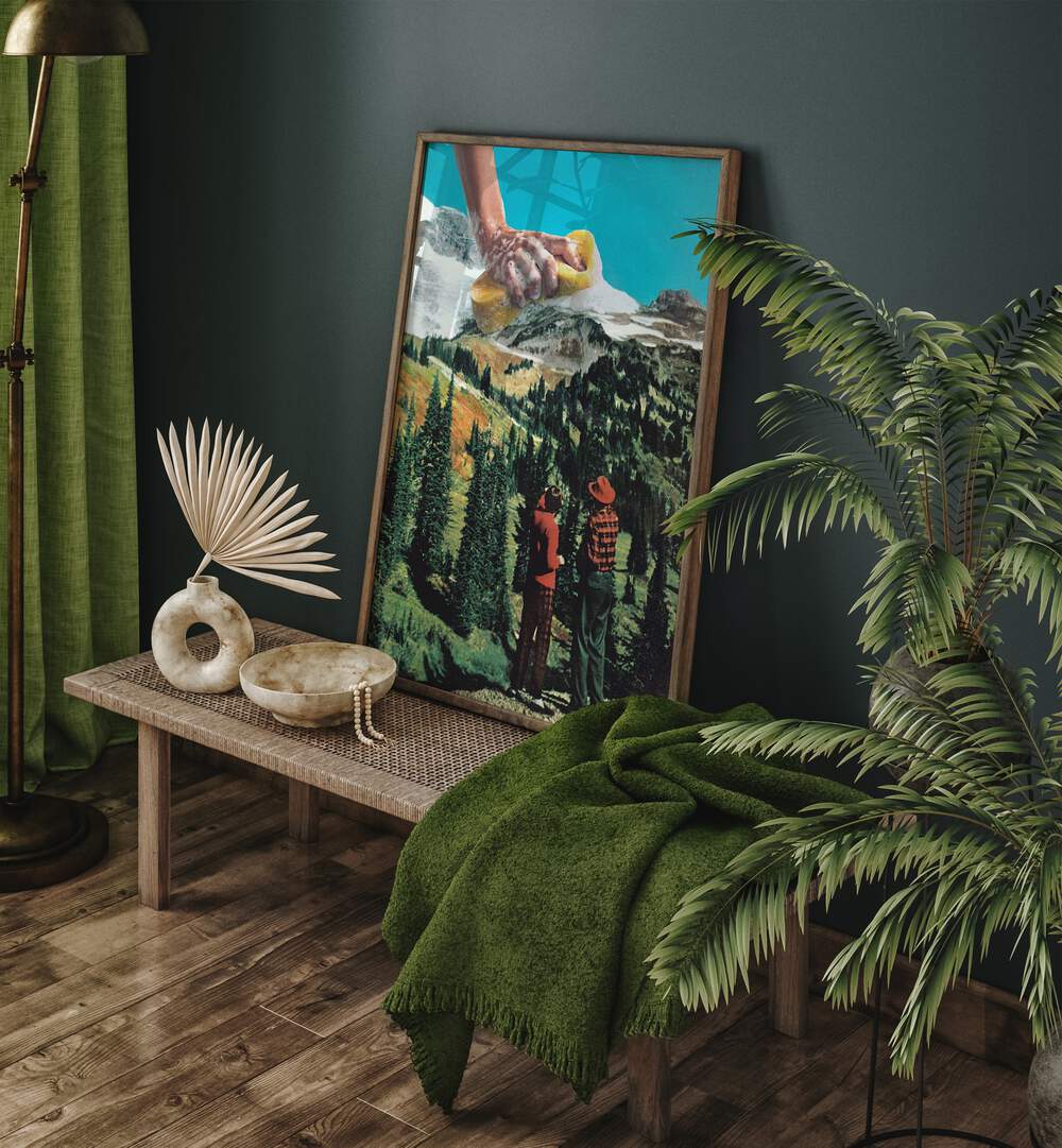 Rub A Dub Ridge Surreal Art Painting Artwork in plain oakwood frame on a table beside a plant