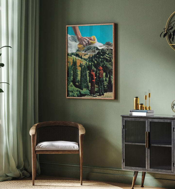 Rub A Dub Ridge Surreal Art Painting Artwork in plain oakwood frame above a chair on a green wall