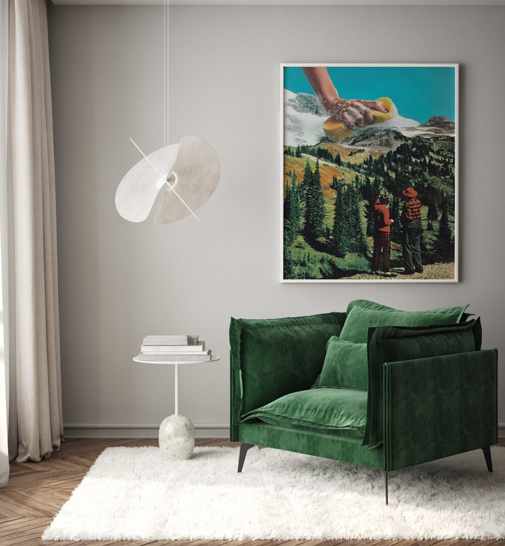 Rub A Dub Ridge Surreal Art Painting Artwork in plain white frame behind a green sofa on a white wall