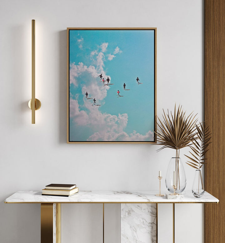 Run Nation Surreal Painting, Surreal Art Artwork in Oak Wood Floater Frame placed on a White Wall in the Living room