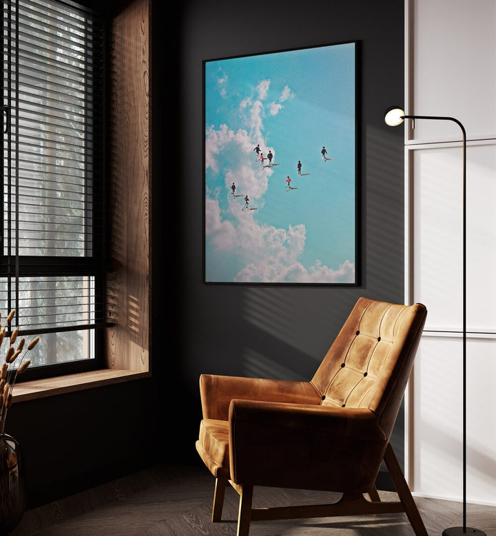 Run Nation Surreal Painting, Surreal Art Artwork in Black Plain Frame placed on a Dark Grey Wall in the Drawing Room