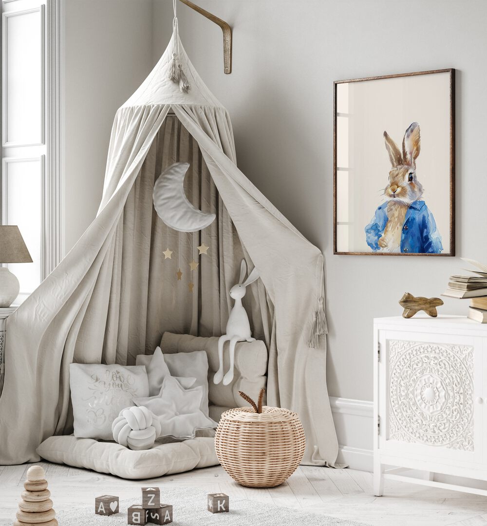 Rabbit In Blue Coat Kids Room Paintings Kids Room Wall Art in Black Plain Frame placed on a wall in a kids room beside a tent