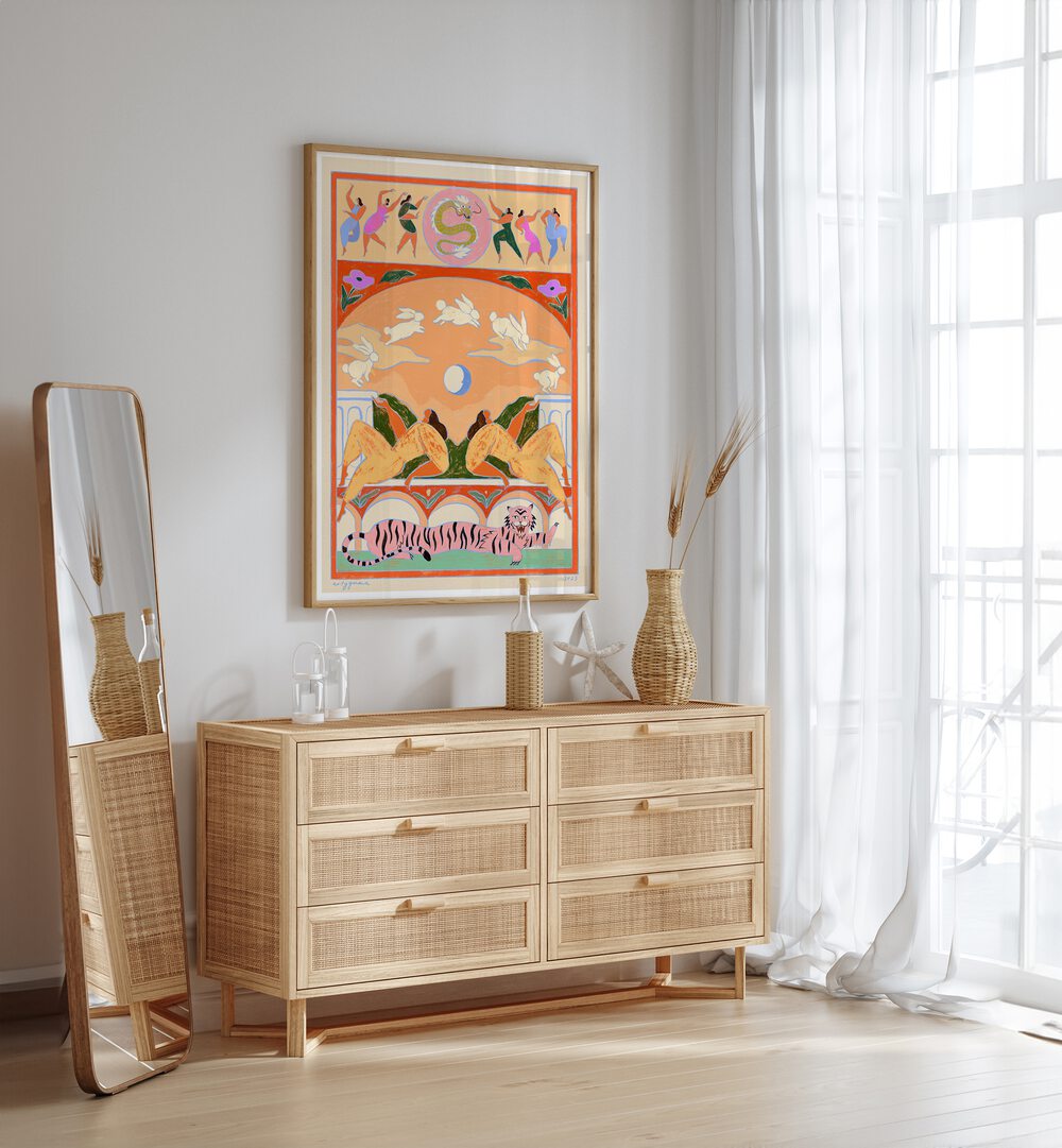 Rabbit Jumps Over The Moon By Arty Guava Wall Art Prints in Oak Wood Plain Frame placed on a White Colored Wall above a Console Table in the Drawing Room 