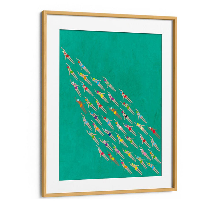 Racing Swimmers Sports Posters in Oak Wood Frame With Mount