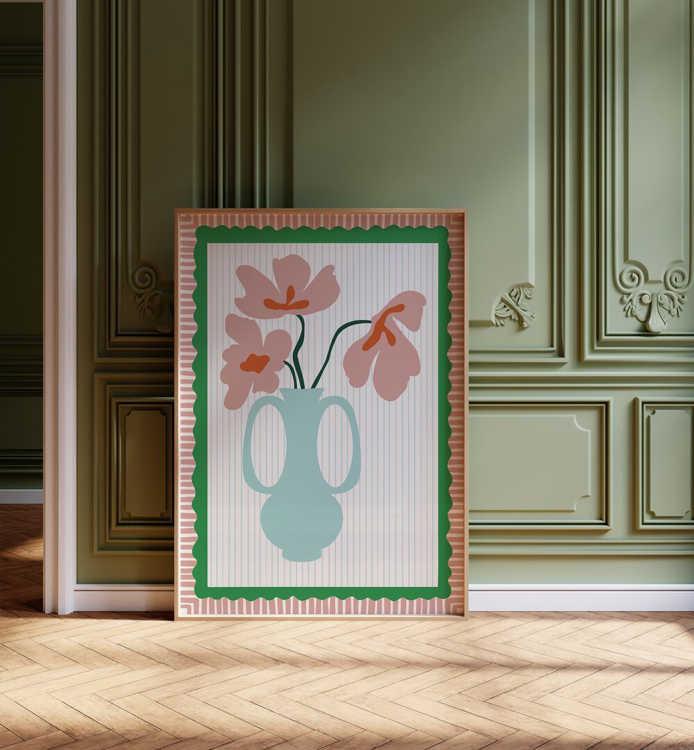 Radiance By Miho Art Studio Botanical Art Prints Floral Paintings in Oak Wood Plain Frame placed on the floor near a Green Colored Wall in the Alley Way