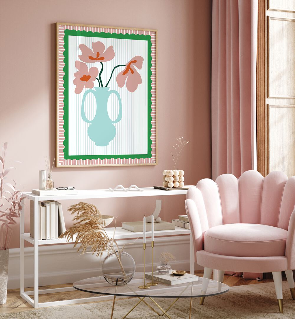 Radiance By Miho Art Studio Botanical Art Prints Floral Paintings in Oak Wood Plain Frame placed on a Pink Colored Wall above a Console Table in the Drawing Room