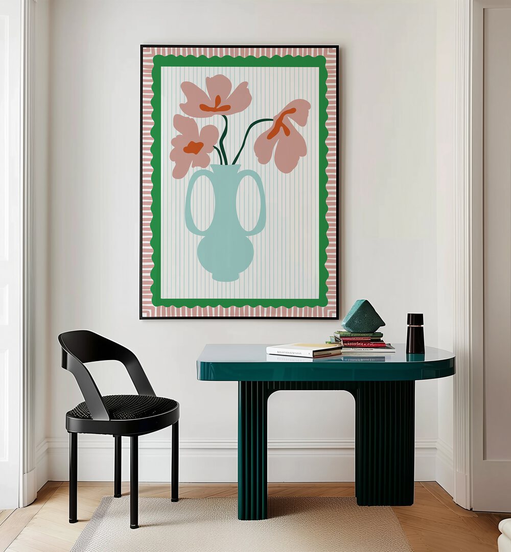 Radiance By Miho Art Studio Botanical Art Prints Floral Paintings in Black Plain Frame placed on a Cream Colored Wall near a Table in a Workspace in the Drawing Room