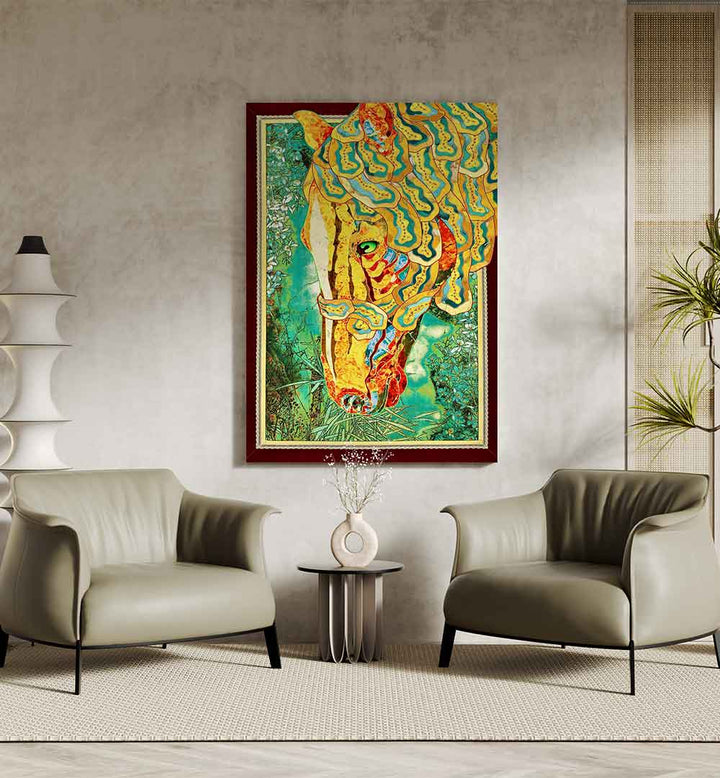 Vibrant RADIANT STALLION, ANIMAL PAINTINGS adorns a chic living space with a unique artistic flair.