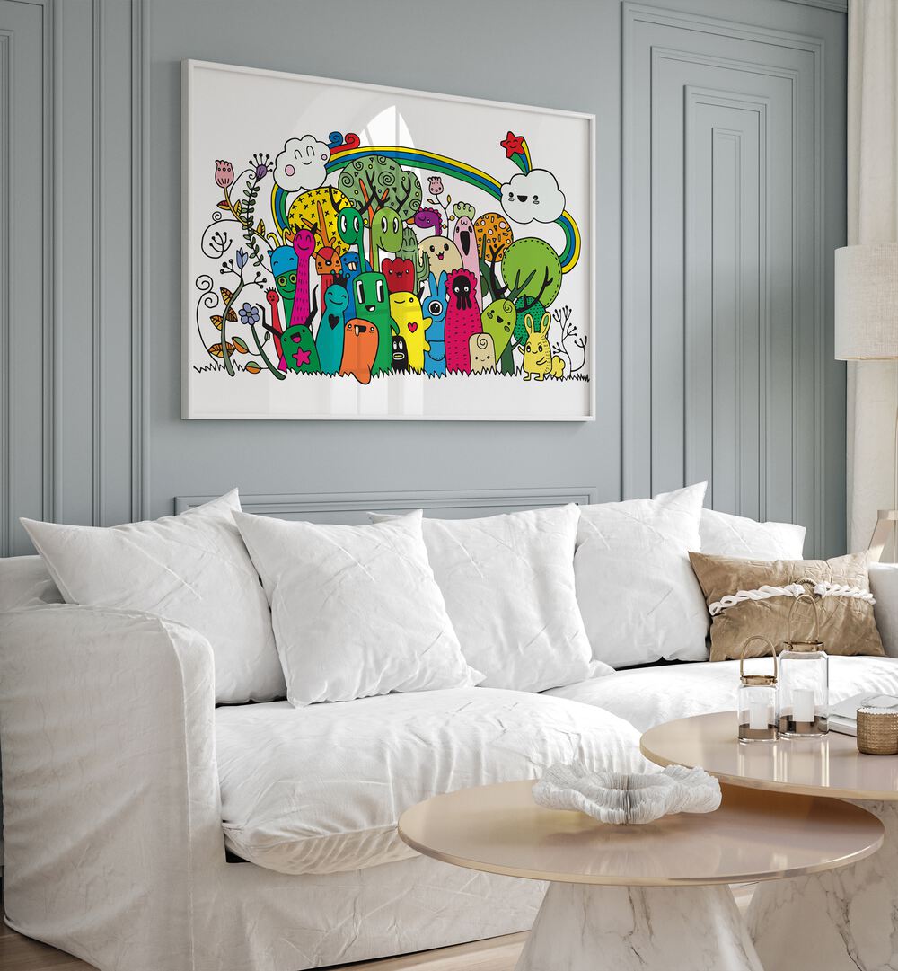 Rainbow By Miho Art Studio  Botanical Prints in White Plain Frame placed on the wall behind the white sofa in living room.