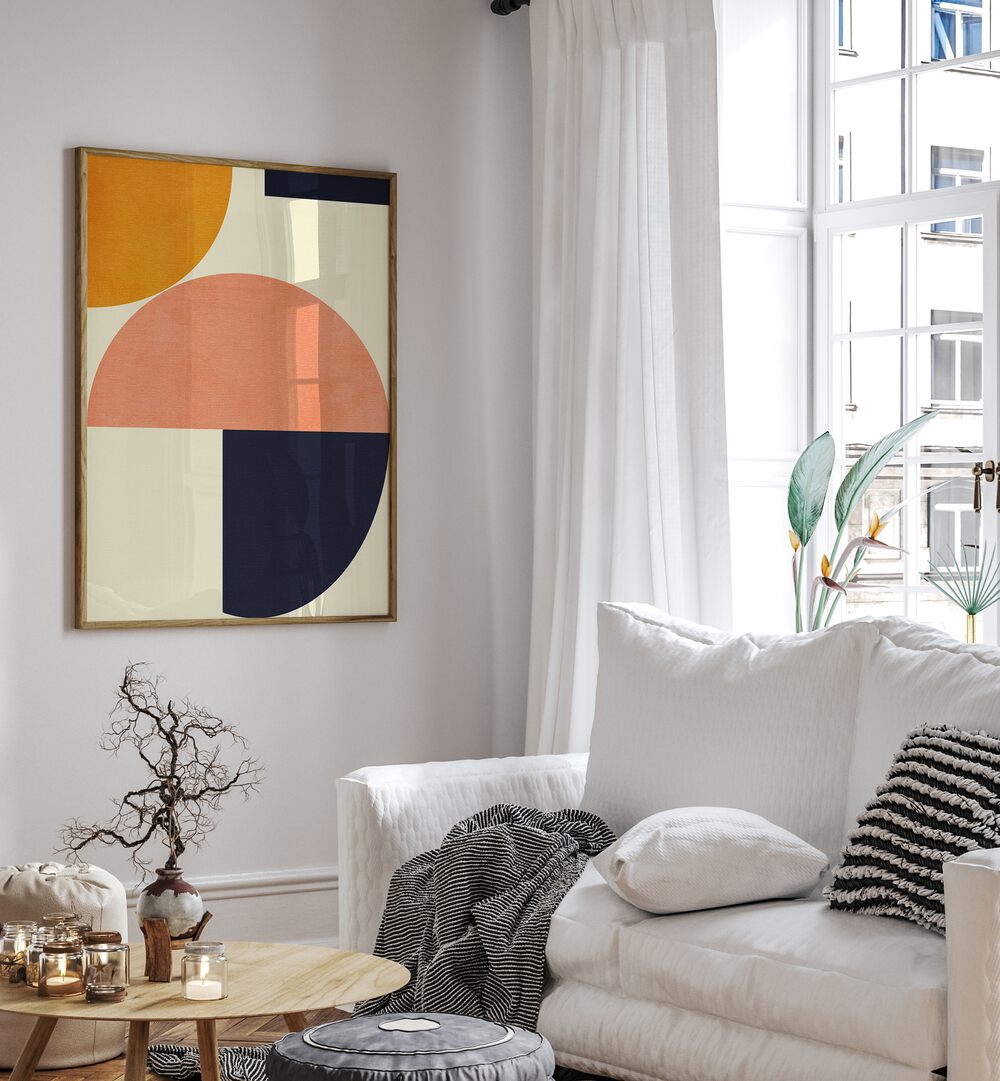 Rainbow Plus Shapes Blue Mustard II By Ana Rut Bre Abstract Art Abstract Wall Art in Oak Wood Plain Frame placed on a wall beside a sofa and window