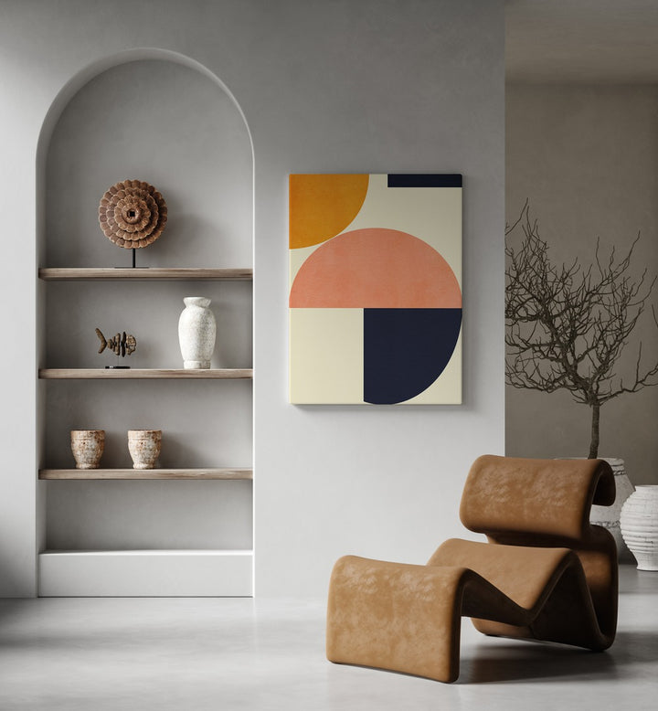 Rainbow Plus Shapes Blue Mustard II By Ana Rut Bre Abstract Art Abstract Wall Art in Gallery Wrap placed on a wall behind a sofa