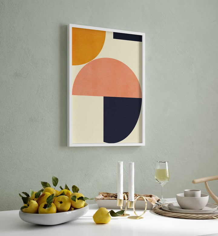 Rainbow Plus Shapes Blue Mustard II By Ana Rut Bre Abstract Art Abstract Wall Art in White Plain Frame placed on a wall behind a dining table 