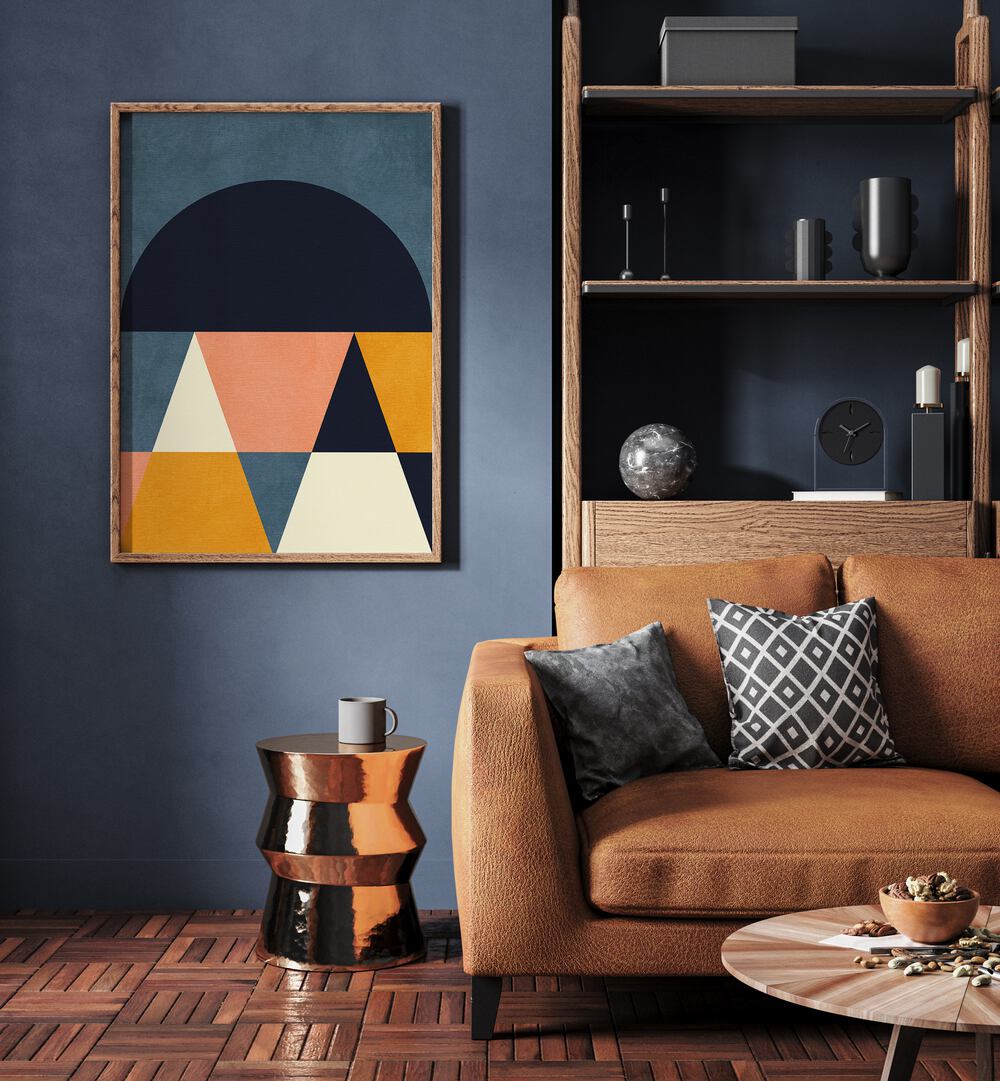 Rainbow Plus Shapes Blue Mustard Iv By Ana Rut Bre Abstract Art Abstract Wall Art in Oak Wood Plain Frame placed on a wall beside a sofa