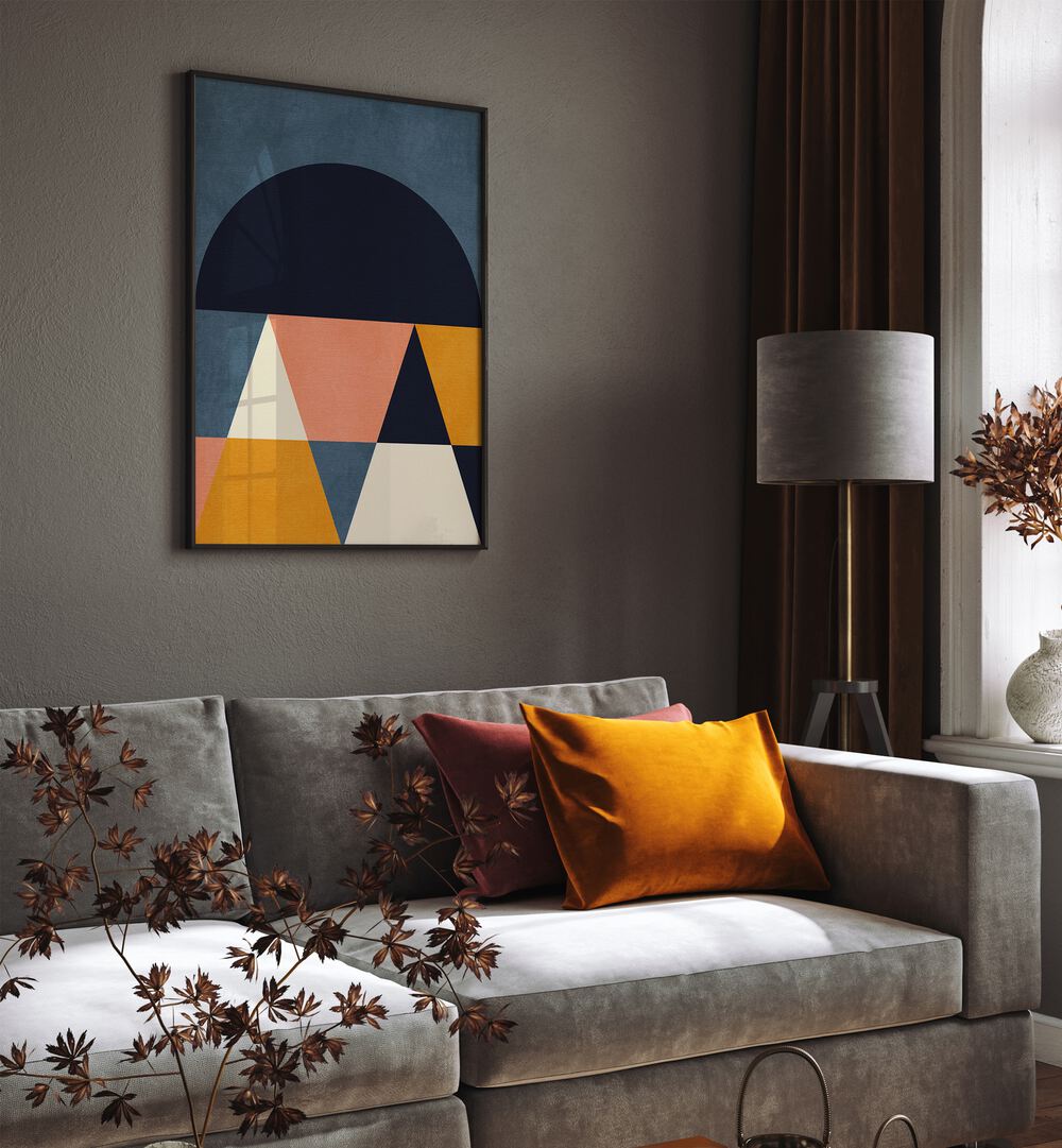 Elevate your decor with RAINBOW BLUE MUSTARD IV, ABSTRACT PAINTINGS by Ana Rut Bre, showcasing vibrant geometric shapes.