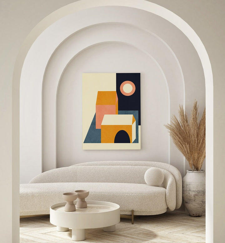 Rainbow Plus Shapes Blue Mustard Xi By Ana Rut Bre Abstract Art Abstract Wall Art in Gallery Wrap placed on a wall behind a sofa