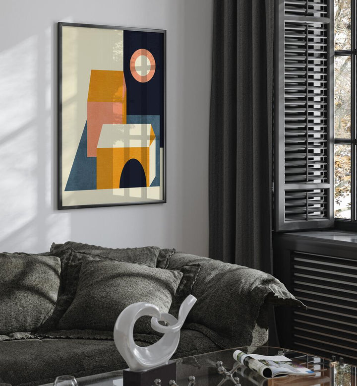 Rainbow Plus Shapes Blue Mustard Xi By Ana Rut Bre Abstract Art Abstract Wall Art in Black Plain Frame placed on a wall behind a sofa