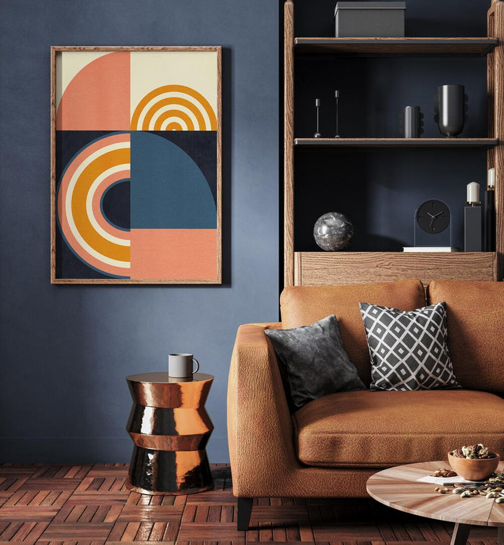 Rainbow Plus Shapes Blue Mustard ix By Ana Rut Bre Abstract Art Abstract Wall Art in Oak Wood Plain Frame placed on a wall beside a sofa