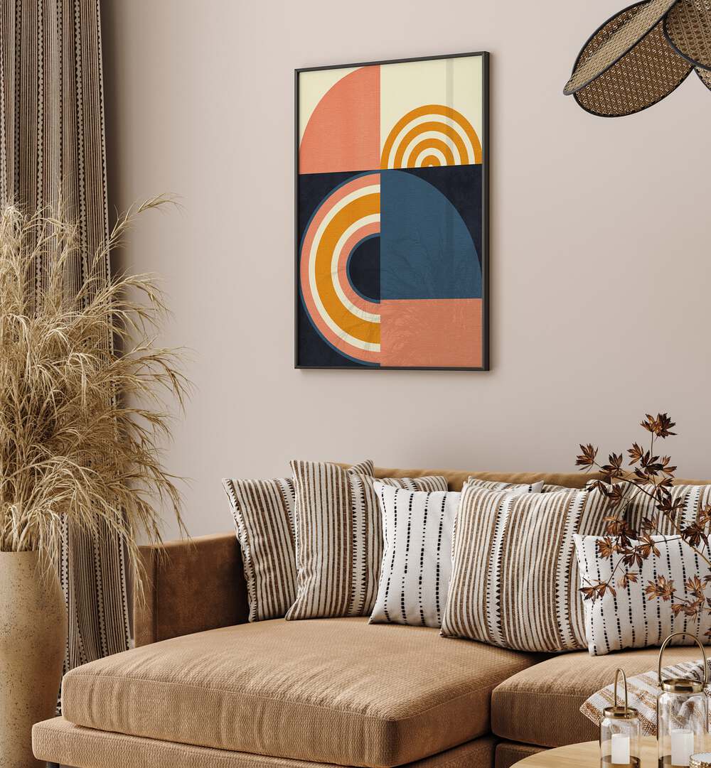 Rainbow Plus Shapes Blue Mustard ix By Ana Rut Bre Abstract Art Abstract Wall Art in Black Plain Frame placed on a wall behind a sofa