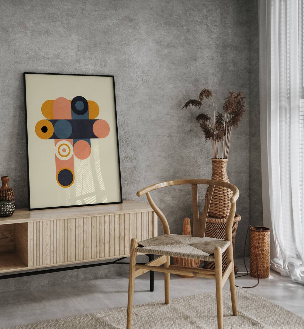 Rainbow Plus Shapes Blue Mustard viii By Ana Rut Bre Abstract Art Abstract Wall Art in Black Plain Frame placed on  a console table