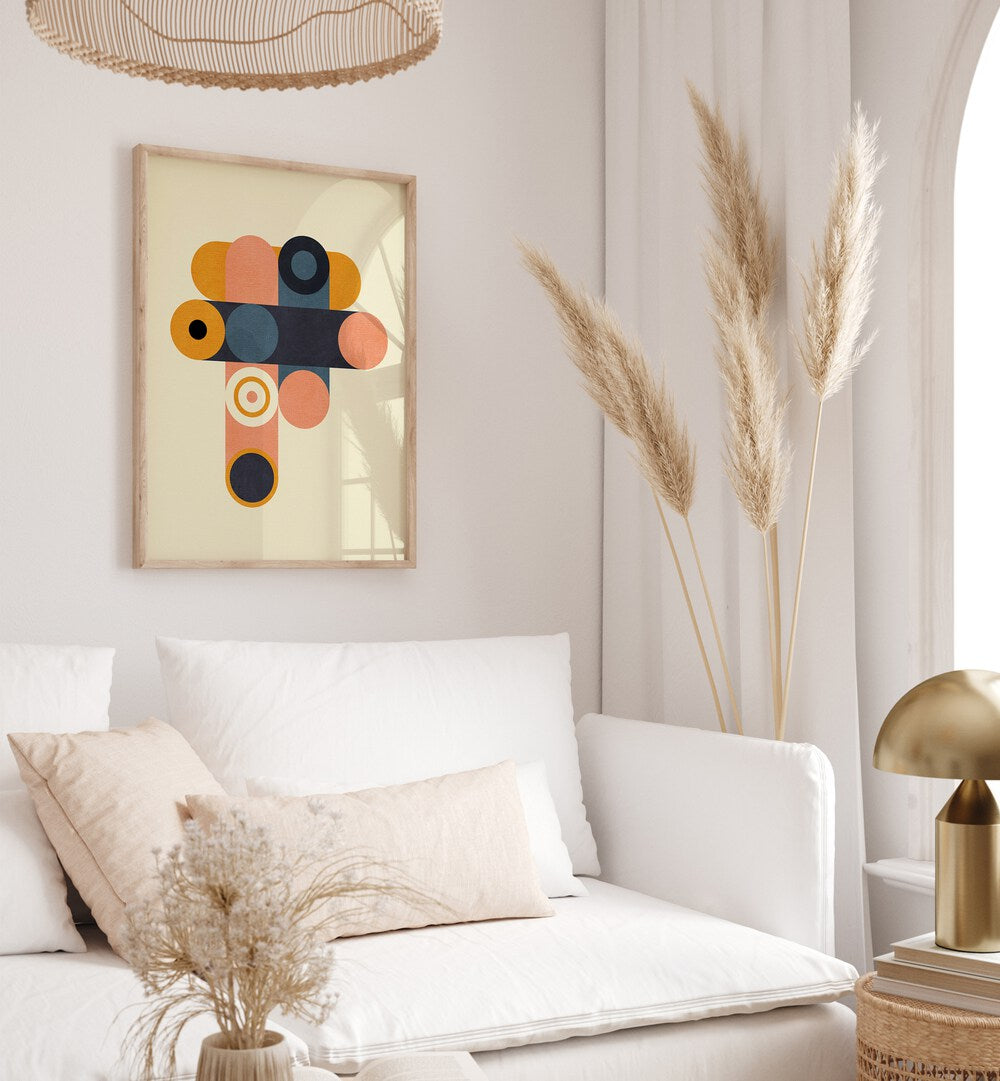 Rainbow Plus Shapes Blue Mustard viii By Ana Rut Bre Abstract Art Abstract Wall Art in Oak Wood Plain Frame placed on a wall behind a sofa