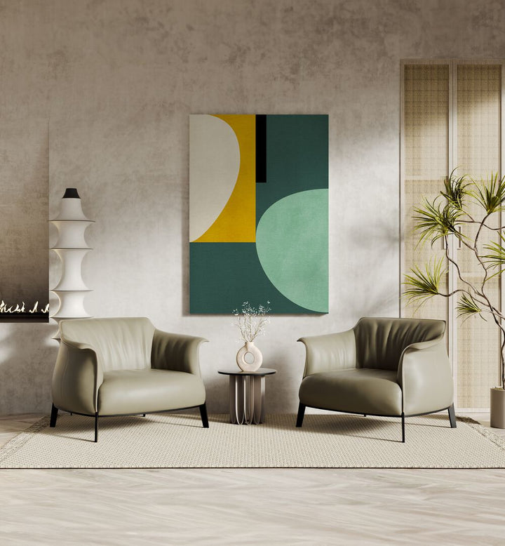 Rainbow Plus Shapes I By Ana Rut Bre Abstract Art Abstract Wall Art in White Plain Frame placed on a wall behind chairs