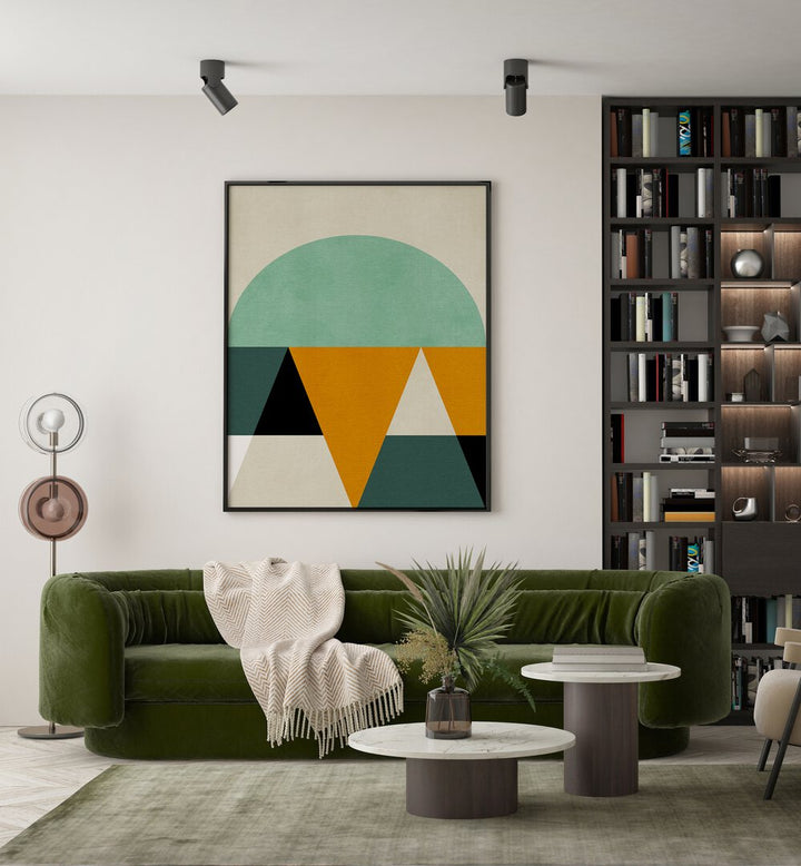 Rainbow Plus Shapes IV By Ana Rut Bre Abstract Art Abstract Wall Art in Black Plain Frame placed on a wall behind a sofa