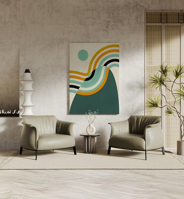 Rainbow Plus Shapes Ii By Ana Rut Bre Abstract Art Abstract Wall Art in Gallery Wrap placed on a wall behind a chairs