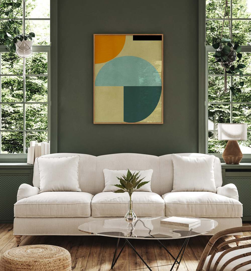 Rainbow Plus Shapes Iii By Ana Rut Bre Abstract Art Abstract Wall Art in Oak Wood Plain Frame placed on a wall behind a sofa