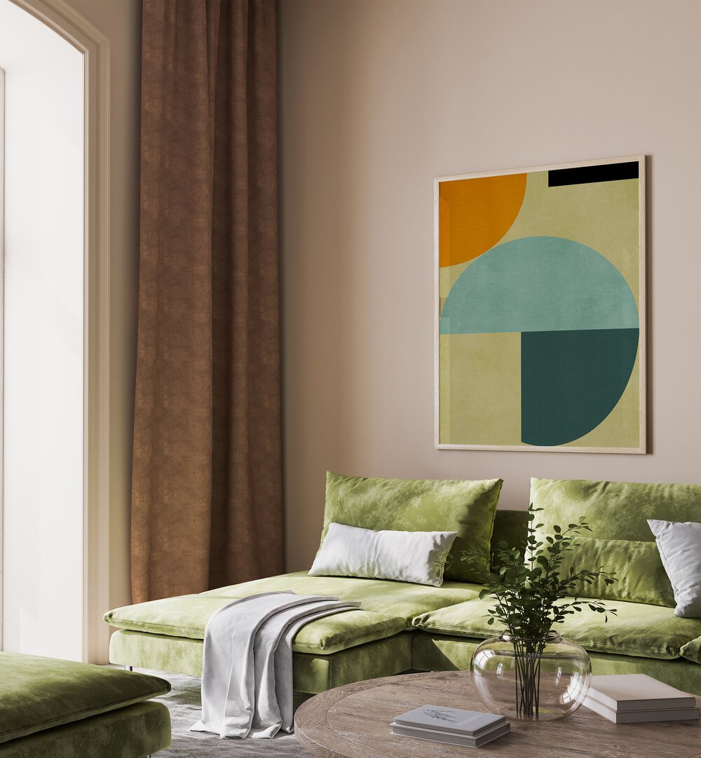 Rainbow Plus Shapes Iii By Ana Rut Bre Abstract Art Abstract Wall Art in Oak Wood Plain Frame placed on a wall behind a sofa