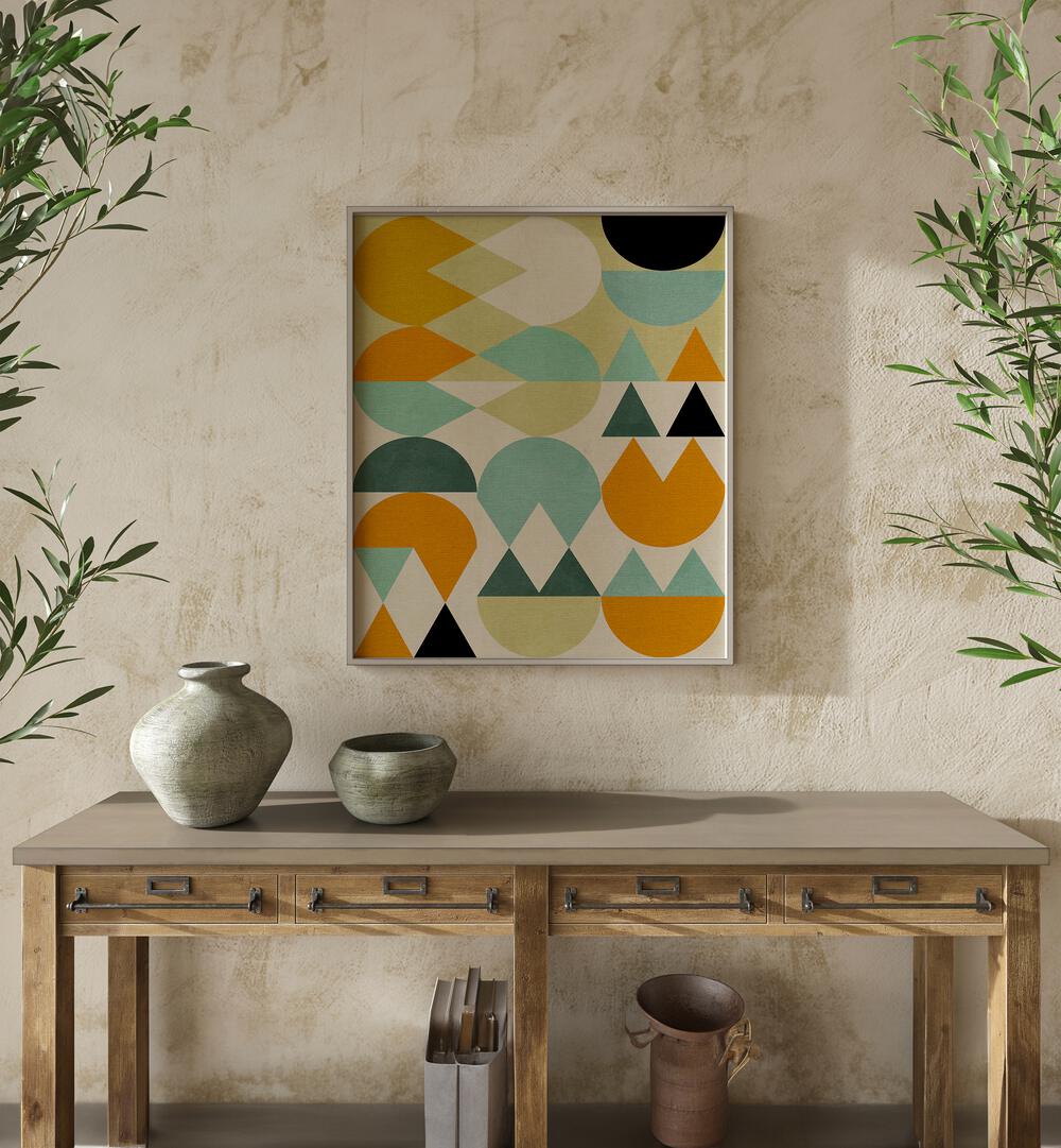 Rainbow Plus Shapes V By Ana Rut Bre Abstract Art Abstract Wall Art in White Plain Frame placed on a wall behind a table