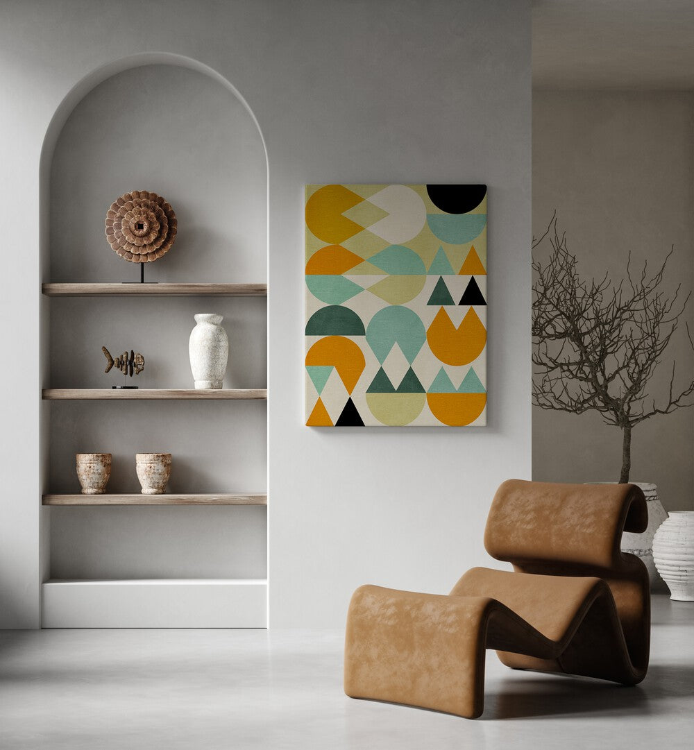 Rainbow Plus Shapes V By Ana Rut Bre Abstract Art Abstract Wall Art in Gallery Wrap placed on a wall behind a sofa