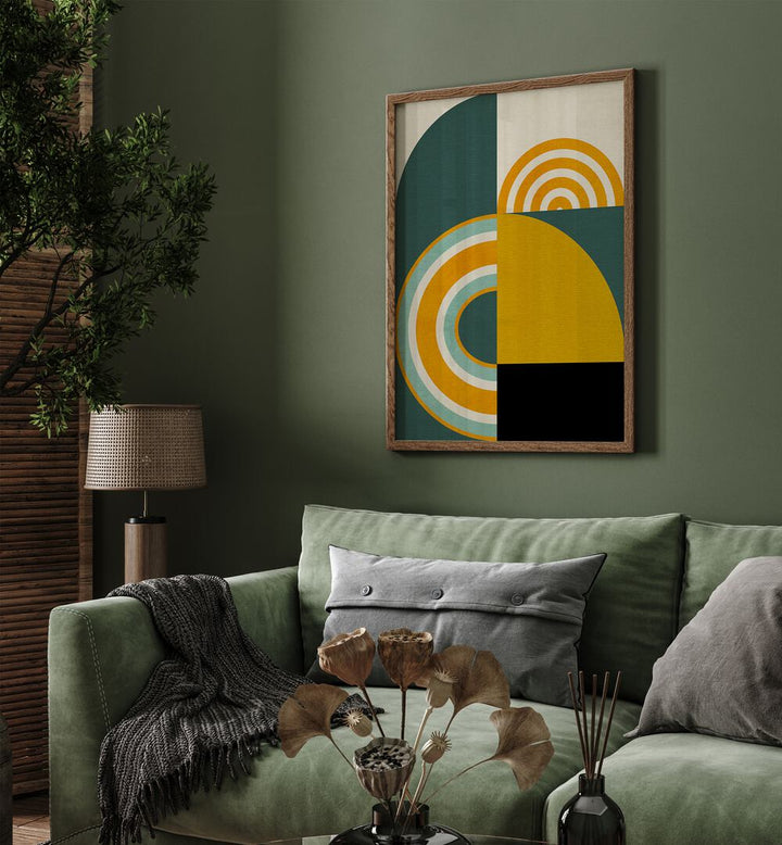 Rainbow Plus Shapes VIII By Ana Rut Bre Abstract Art Abstract Wall Art in Oak Wood Plain Frame placed on a wall behind a sofa