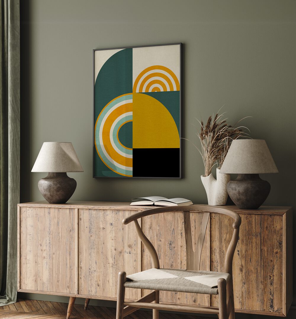 Rainbow Plus Shapes VIII By Ana Rut Bre Abstract Art Abstract Wall Art in Black Plain Frame placed on a wall behind a console table