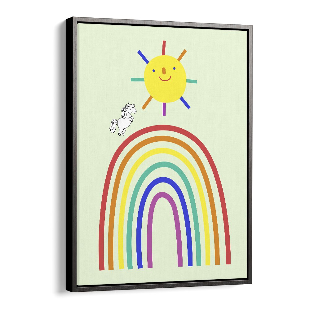 Rainbow Sun And Unicorn  Kids Paintings in Black Floater Frame