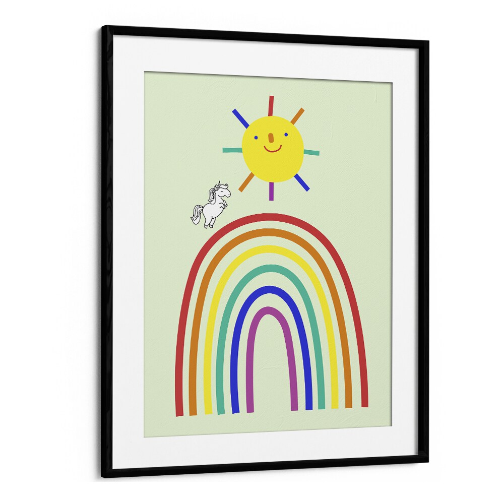 Rainbow Sun And Unicorn  Kids Paintings in Black Frame With Mount