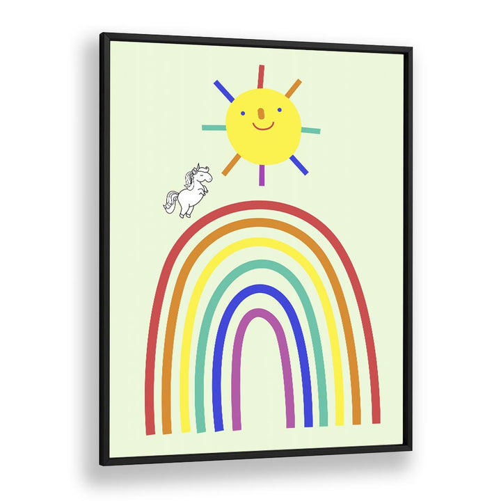 Rainbow Sun And Unicorn  Kids Paintings in Black Plain Frame