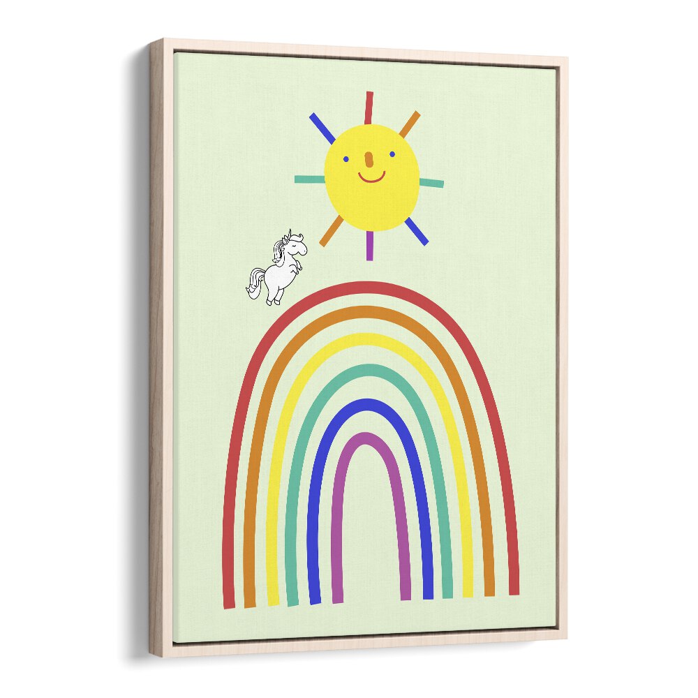 Rainbow Sun And Unicorn  Kids Paintings in Oak Wood Floater Frame