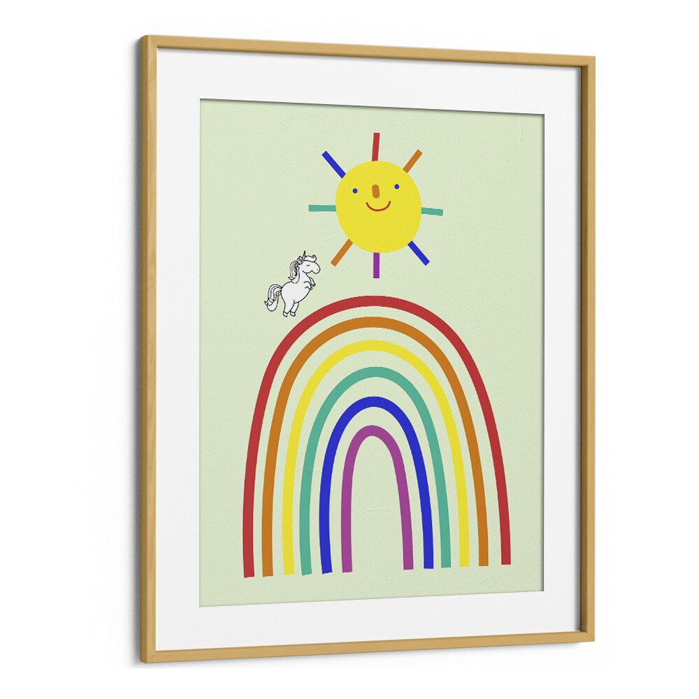 Rainbow Sun And Unicorn  Kids Paintings in Oak Wood Frame With Mount