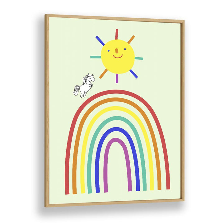 Rainbow Sun And Unicorn  Kids Paintings in Oak Wood Plain Frame