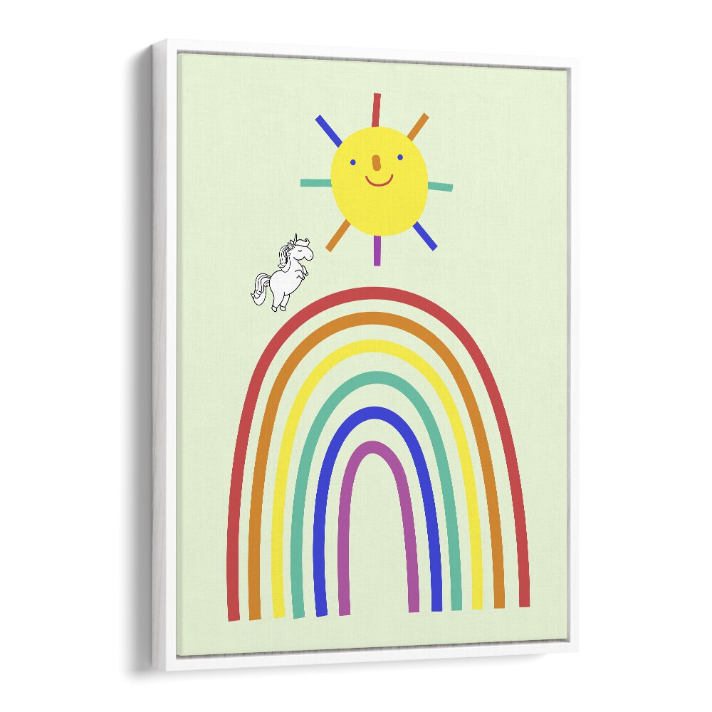 Rainbow Sun And Unicorn  Kids Paintings in White Floater Frame