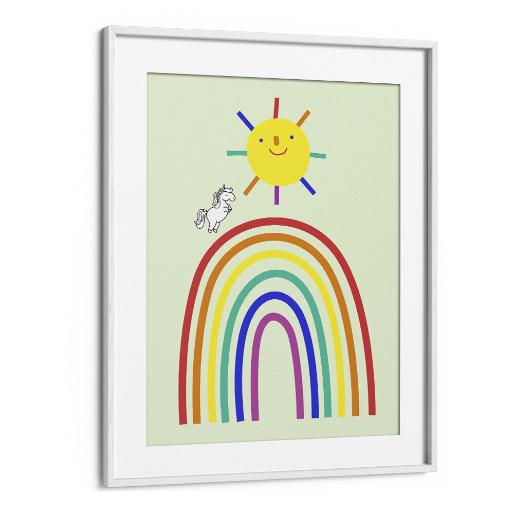 Rainbow Sun And Unicorn  Kids Paintings in White Frame With Mount