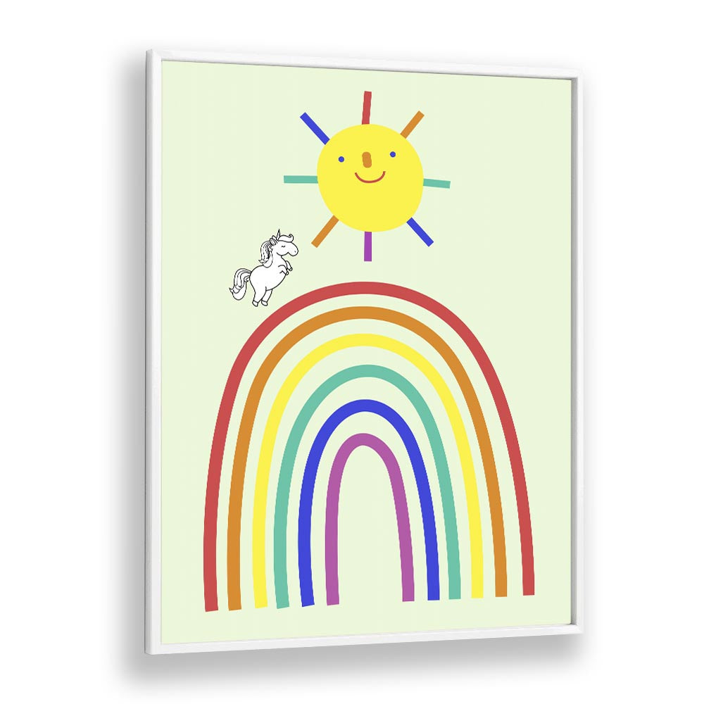 Rainbow Sun And Unicorn  Kids Paintings in White Plain Frame