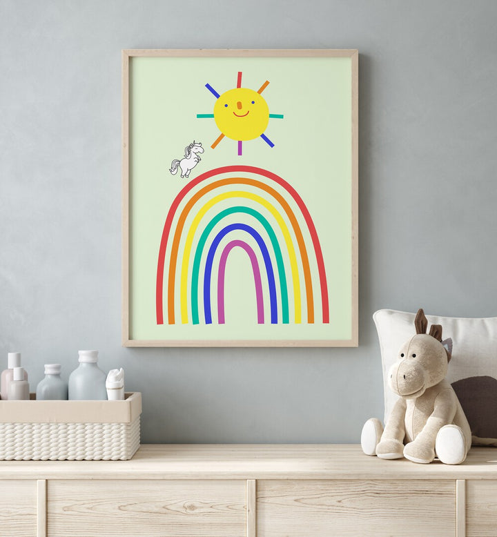 Rainbow Sun And Unicorn  Kids Paintings placed on a wall