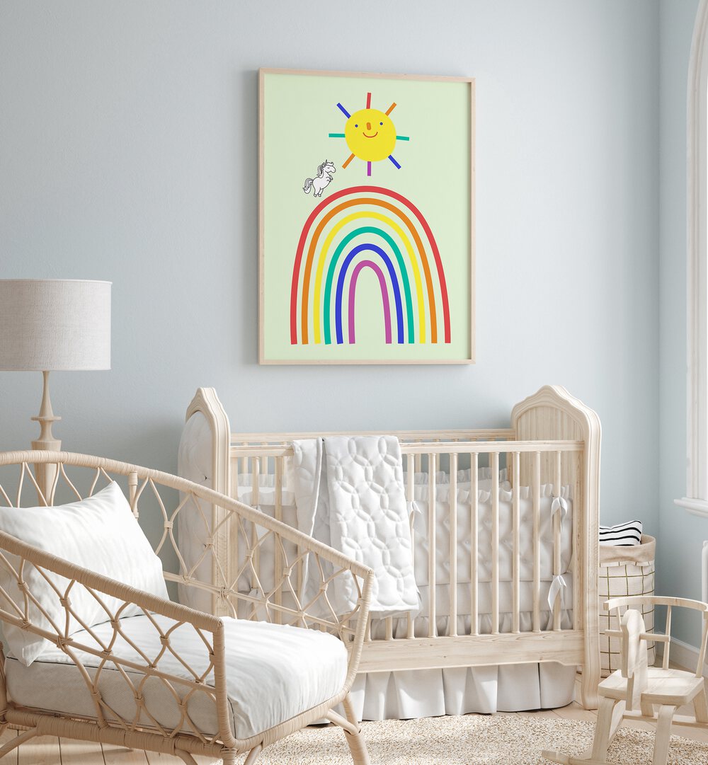 Rainbow Sun And Unicorn  Kids Paintings placed on a wall