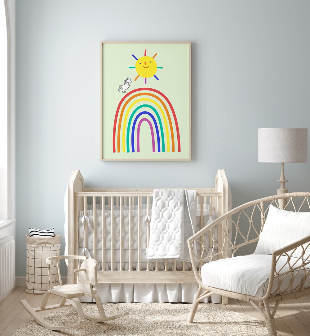 Rainbow Sun And Unicorn  Kids Paintings placed on a wall